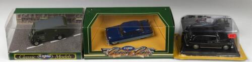 ENGLISH CARS:,An assortment of 1:43 scale English cars. CORGI Classic Models Morris J Van (D983/1) in olive green 'POST OFFICES TELEPHONES' livery & CORGI Classic Cars Ford Zodiac (0709/2) in two-tone blue