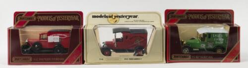 MODELS OF YESTERYEAR: A group of four Matchbox Model of Yesteryear 1:43 scale models. Y-12 1912 Ford Model T in 'ROYAL MAIL' livery & YGB18 1931 Morris Van 'CASCADE'