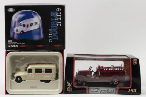 EMERGENCY VEHICLES: Two 1:43 scale emergency vehicle models. Limited Edition CORGI 'nine DOUBLE nine' Daimler Ambulance Birmingham Fire & Ambulance Service (CC06301) & ROAD Signature 1935 MACK TYPE 75BX red fire truck