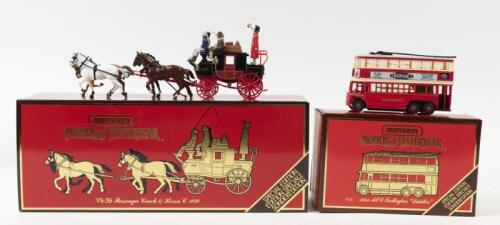 MODEL CARS OF YESTERYEAR: Two 1:43 scale Special Edition Matchbox Model of Yesteryear models. YS-39 Passenger Coach & Horses, circa 1820 & Y10 1931 AEC Trolleybus "Diddler"