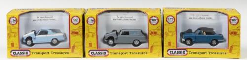 TRIUMPH: Three 1:76 scale CLASSIX&nbsp;Transport Treasures Triumph models. Triumph Herald 13/60 Convertible, Triumph Herald 948 Coupe & Triumph Courier Van (1963) in grey