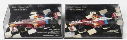 WILLIAMS F1: Two Paul's Model Art/MINICHAMPS 1:43 scale WILLIAMS F1 models as driven by Ralf Schumacher. Limited Edition 1st EDITION 1999 PROMOTIONAL SHOWCAR, L.E of 3,333 pieces & 1999&nbsp;SUPERTEC FW21