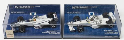 WILLIAMS F1: Two MINICHAMPS 1:43 scale WILLIAMS F1 TEAM promotional and testcar. WILLIAMS F1 FW21 TESTCAR MICHELIN 2000, Limited Edition 5,999 pieces & WILLIAMS F1 TEAM PROMOTIONAL SHOWCAR 2000 as driven by Ralf Schumacher