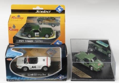 TRIUMPH: Three 1:43 scale racing Triumph's. VITESSE TRIUMPH TR3A as raced at 1959 MONTE CARLO & SOLIDO 1969 Triumph TR6 competition (1861) in white