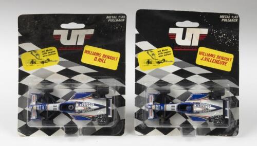 WILLIAMS: Two metal 1:43 scale WILLIAMS RENAULT pullback models by&nbsp;UT MODELS. Hill & Villeneuve models