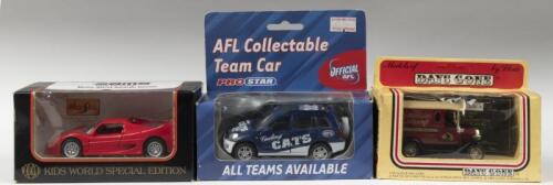 MODEL CARS: Three 1:43 scale model cars with various themes. KIDS WORLD SPECIAL EDITION&nbsp;Maisto Ferrari F50 & DAYS GONE - The Automodel Exchange COLLECTORS CLUB MEMBERS ONLY SPECIAL ISSUE (NO.206 A) Ford