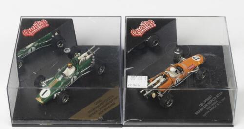 BRABHAM-REPCO: Two Quartzo 1:43 scale BRABHAM REPCO BT24 models. Winning 1967 Canadian Grand Prix Brabham-Repco of Sir Jack Brabham (Q4042) & Limited Edition&nbsp;Brabham Repco of Sam Tingle from the 1969 South African Grand Prix (QFC99037) L.E of '0596'/2000