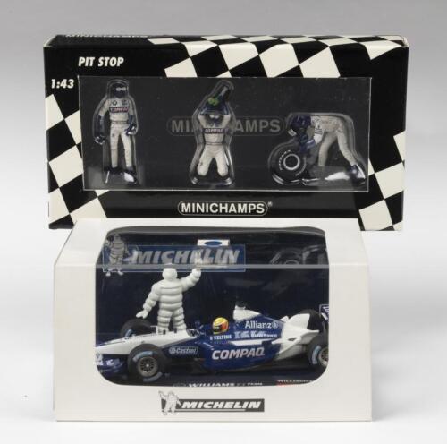 WILLIAMS: Two items related to WILLIAMSF1 in 1:43 scale. BMW FW24, as raced by Ralf Schumacher, L.E of '0701'/1008 & MINICHAMPS Williams Tyre Change Set 1