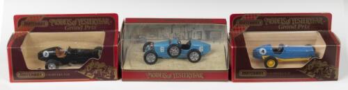 MODELS OF YESTERYEAR: Three 1:43 scale MATCHBOX Models of Yesteryear Grand Prix cars. E.R.A & Bugatti models