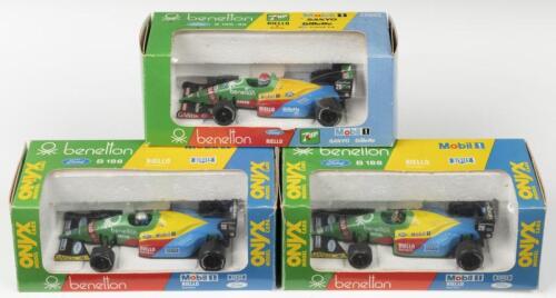 BENETTON: Three ONYX 1:43 scale benetton Ford B 188 Formula 1 models as driven by Alessandro NANNINI (Ref. 011), Thierry Boutsen (Ref. 012) & Emanuelle PIRRO (Ref. 030)
