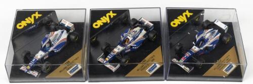 WILLIAMS: Three ONYX 1:43 scale WILLIAMS RENAULT models. WILIIAMS RENAULT FW17, FW18, FW19