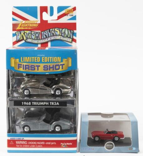 TRIUMPH: Small scale Triumph related model and set. JOHNNY LIGHTNING LIMITED EDITION 'FIRST SHOT' - BRITISH INVASION featuring die-cast replicas of British Classics specifically the 1968 TRIUMPH TR3A, L.E of 7500