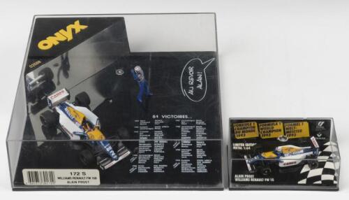 PROST: Two scale WILLIAMS RENAULT FW 15 and FW 15B models. 1:43 scale ONYX WILLIAMS RENAULT FW 15B as raced by Alain Prost to clinch the 1993 Formula 1 World Championship (172 S) & 1:64 scale Limited Edition Paul's Model Art (MICRO Champs) ALAIN PROST WIL