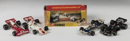 FORMULA 1: Five CORGI TOYS Formula 1 racing car models. Boxed YARDLEY McLAREN (151) & SHADOW-FORD DNI/IA in black