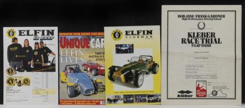 ELFIN: A group of predominantly ELFIN related literature. 2000 'ELFIN CLUBMAN TYPE 3 four page colour sales brochure & 'BOB JANE-FRANK GARDNER High Performance Driving School - KLEBER RACE TRIAL, 9 LAP DASH' certificate