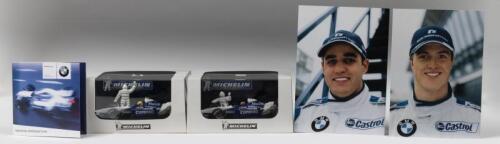 WILLIAMSF1: A group of WILLIAMSF1 BMW issued items. 1:43 scale Limited Edition MICHELIN WILLIAMSF1 BMW FW24 models as raced by R.SCHUMACHER and J.P.MONTOYA, both L.E of 1008. Driver Profile cards