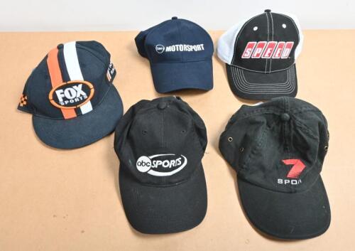 MEDIA CAPS: A group of five media caps including 'abc SPORTS', '7 SPORT', 'FOX SPORTS', 'ten MOTORSPORT', 'SPEED'