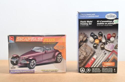 MODELLING: Two items related to model making. AMT/ERTL SNAP FAST PLUS PLYMOUTH PROWLER in 1/25 scale & TESTORS Plastic Model Finishing Set featuring enamel paints