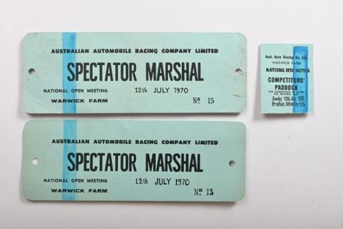 WARWICK FARM: Three 12th July 1970 Warwick Farm circuit, NATIONAL OPEN MEETING passes. 'SPECTATOR MARSHAL' & 'COMPETITORS PADDOCK' passes