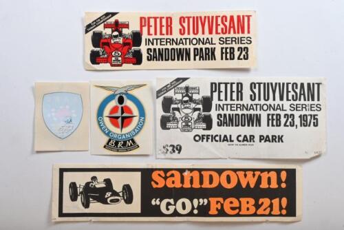 MOTOR RACING: A collection of period motor racing adhesives and flyers. Three Sandown flyers and sticker