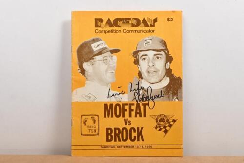 BROCK: A September 1980 issue of 'RACEDAY Competition Communicator'. Front cover signed by Peter Brock