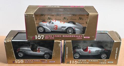 AUTO UNION: Three 1:43 scale brumm Auto Union models. 1935 AUTO UNION REKORDWAGEN (r107), 1938 AUTO UNION tipo D (r109) & 1936 AUTO UNION tipo C (r110)