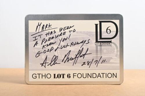 MOFFAT: A tin housing a blue 'SUPER ROO' cap as produced for 'GTHO LOT 6 FOUNDATION'. Allan Moffat signature