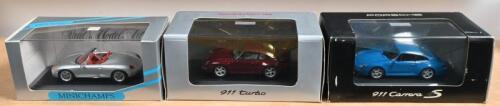 PORSCHE: Three Porsche 1:43 scale models. Paul's Model Art/MINICHAMPS Porsche Boxster in silver