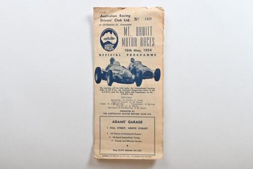 MT.DRUITT: An original 16th May, 1954 'MT. DRUITT MOTOR RACES' Official Programme. Several victories by Sir Jack Brabham
