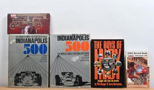 INDIANAPOLIS 500: Five items related to Indianapolis 500. Two editions of 'INDIANAPOLIS 500 - THE WORLD'S MOST EXCITING AUTO RACE' hardcover books as produced by Lyle Kenyon Engel and editors of Auto Racing magazine