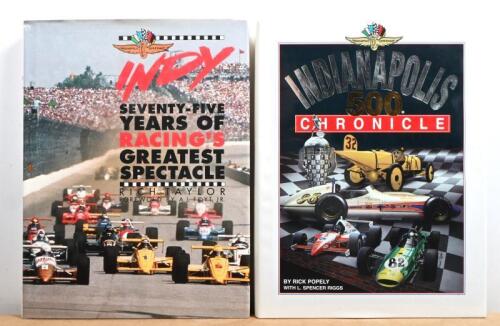 INDIANAPOLIS: Two hardcover books concerned with Indianapolis 500 history. 'INDIANAPOLIS 500 CHRONICLE' hardcover book by Rick Popley with L.Spencer Riggs