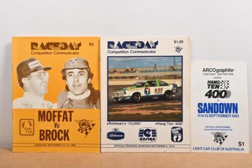 SANDOWN: Three 1980's Sandown Official Programmes. September 1980 'RACEDAY Competition Communicator - MOFFAT Vs BROCK' Official Programme signed by Jon Davison