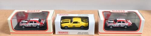 BIANTE: Three 1:64 scale BIANTE models. Two HDT LJ TORANA XU-1's BATHURST 1972 as raced by Peter Brock and Colin Bond. Paul Stubber Chevrolet Camaro