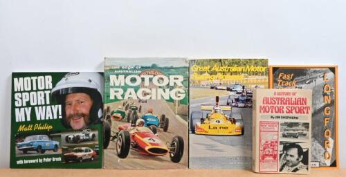 AUSTRALIAN MOTOR SPORT: A group of hard and soft bound books detailing Australian motor sport. 'LONGFORD - Fast Track Back' softcover book by Barry Green