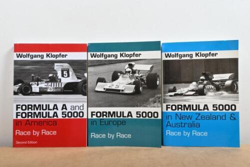 FORMULA 5000: Three softcover books by Wolfgang Klopfer. Titles include 'FORMULA 5000 in New Zealand & Australia - Race by Race', 'FORMULA A & FORMULA 5000 in America - Race by Race
