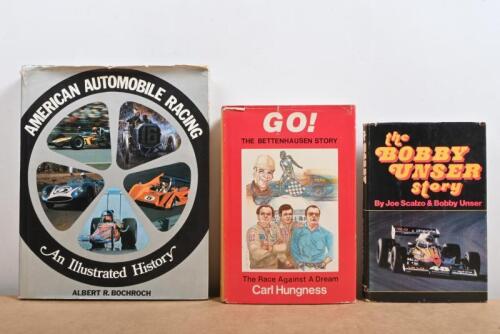 AMERICAN RACING: Three hardcover books covering American racing. First Edition hardback copy of 'the BOBBY UNSER story' by Joe Scalzo & Bobby Unser
