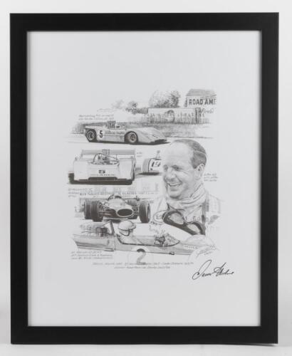 HULME: A fine and rare black and white sketch by J.Hill (1992) depicting images related to Denis Hulme. Denis Hulme signature (produced & signed only months before his death in 1992)