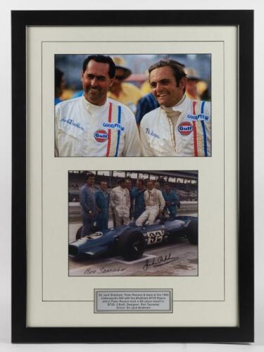 BRABHAM: A two colour picture set featuring Sir Jack Brabham and team at the 1969 Indianapolis 500. Sir Jack Brabham & Ron Tauranac signatures