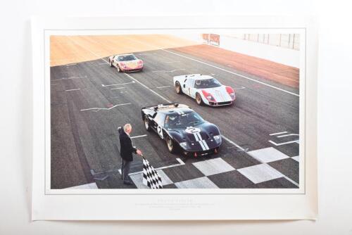 GT40: A colour poster from 1996 - 'PHOTO FINISH' - of the re-enactment of the classic Ford GT40 1-2-3 finish at Le Mans, 1966