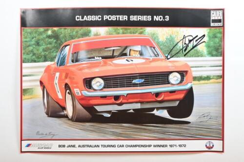 JANE: A Martin de Lang poster. Poster depicts Bob Jane, Australian Touring Car Championship Winner 1971-1972. Bob Jane signature