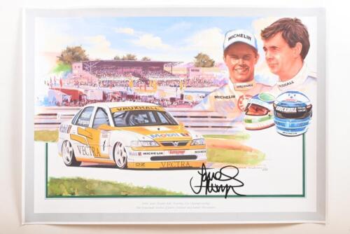 VECTRA: A Peter Wileman print depicting the Vauxhall Vectra of John Cleland and James Thompson as raced during the 1996 Auto Trader RAC Touring Car Championship. James Thompson signature