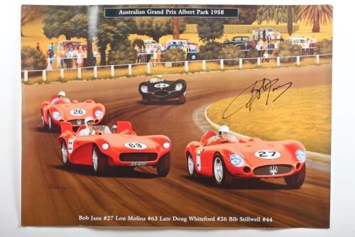 AUSTRALIAN GRAND PRIX: A Martin de Lang poster - 'Australian Grand Prix Albert Park 1958' - depicting the racing cars of Bob Jane, Lou Molina, Doug Whiteford, Bib Stillwell. Bob Jane signature