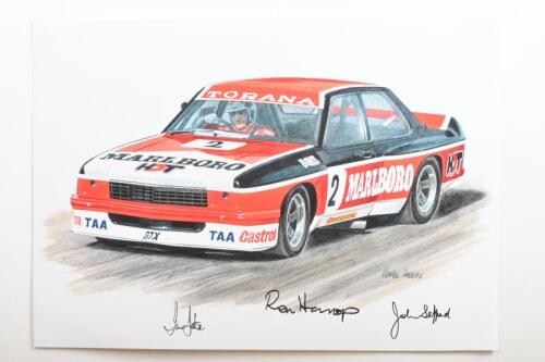 TORANA: An artwork after the original depicting the Holden Torana sports sedan of Colin Bond. Picture signed by Ian Tate, Ron Harrop & John Sheppard