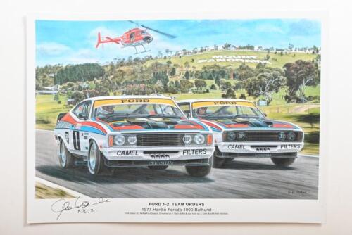FORD: A print after the original artwork - 'FORD 1-2 TEAM ORDERS' - depicting the Ford Falcon's of Allan Moffat/Jacky Ickx, and Colin Bond/Alan Hamilton at Bathurst 1977. Alan Hamilton signature