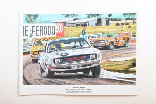 CHARGER: A print after the original artwork titled &acirc;&euro;&tilde;MOPAR MAGIC&acirc;&euro;&trade; depicting a trio of Chrysler E38 Chargers at 1971 Hardie Ferodo 500, Bathurst