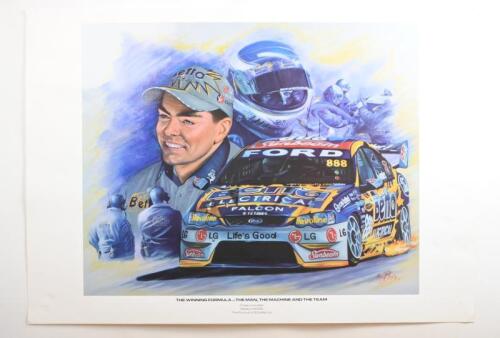 LOWNDES: A large 1998 print on high quality stock card by Elana Bayley - 'THE WINNING FORMULA...THE MAN, THE MACHINE AND THE TEAM' - featuring Craig Lowndes from the 2006 V8 Supercar season racing the Triple 8 Betta Electrical BA/BF Ford Falcon