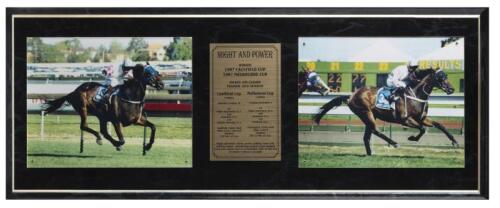 MIGHT AND POWER: Two photographs of horse 'Might and Power' mounted behind perspex on frame board