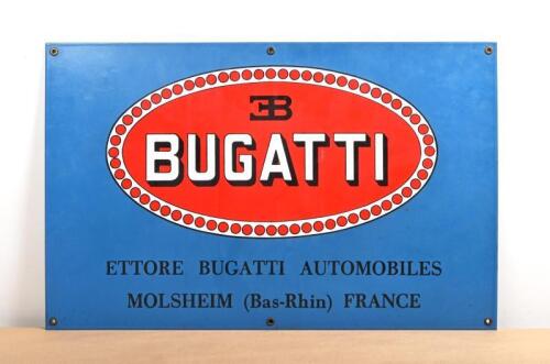 BUGATTI: A high quality and heavy enamelled sign - 'EB BUGATTI, ETTORE BUGATTI AUTOMOBILE MOLSHEIM (Bas-Rhin) FRANCE'. Circa 1990's