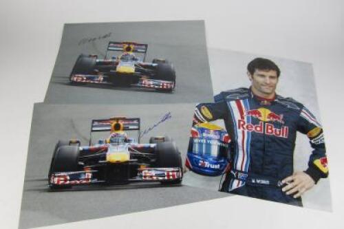 MARK WEBBER: Three large photographs of Webber in his Red Bull racing car, (3 Webber signatures)
