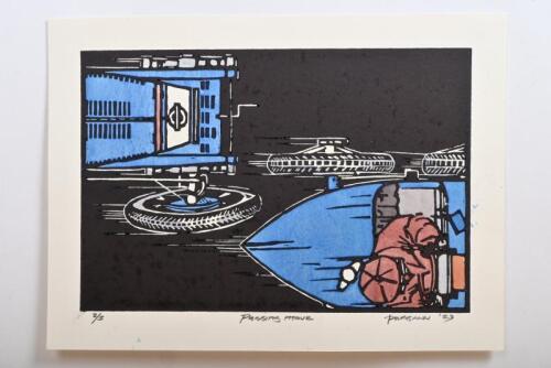 BUGATTI: A hand coloured wood block print by Peter McGann depicting a Type 35 Bugatti. Numbered lower left edition '2' of 5